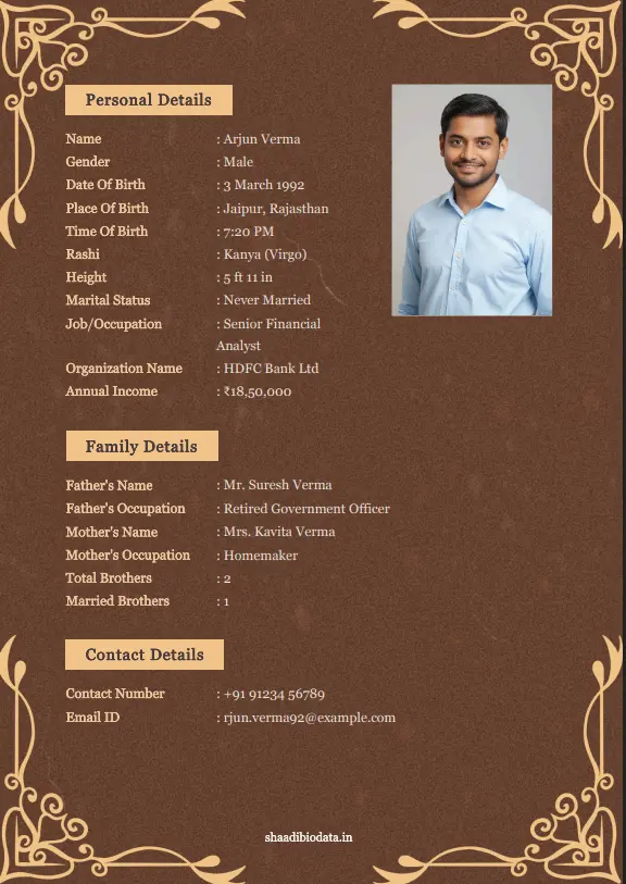 Elegant matrimonial biodata template with floral design for wedding profiles.