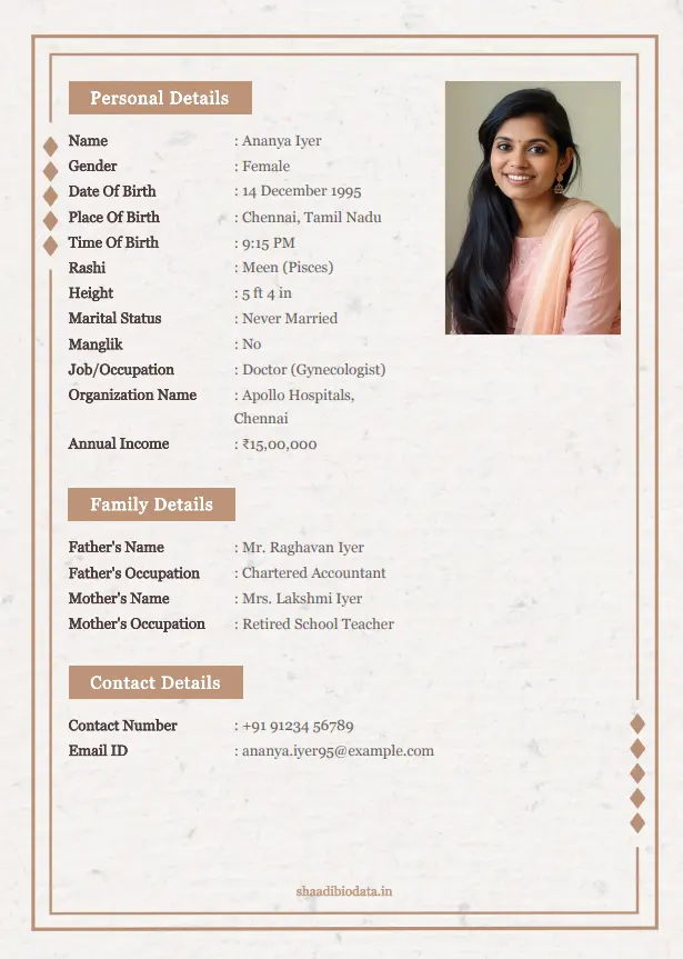 Professional shaadi biodata template with minimalist structured format.